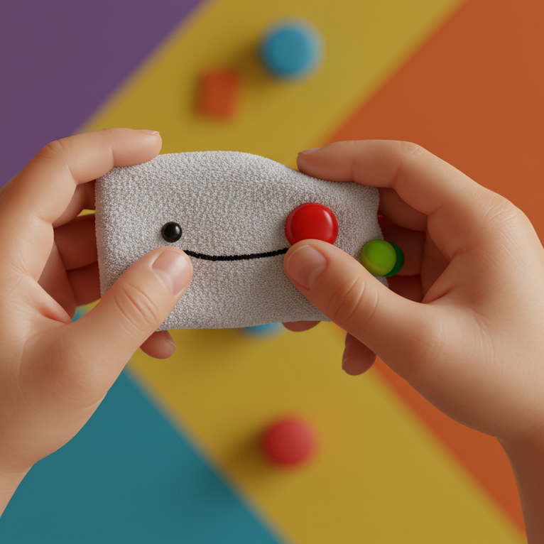 hands of a child playing with a bear assembled with building blocks