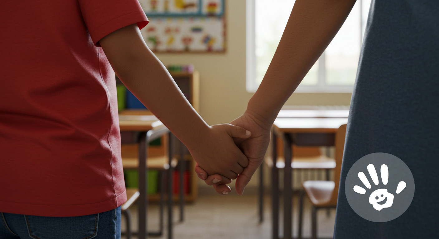 therapist and child holding hands in front of a classroom