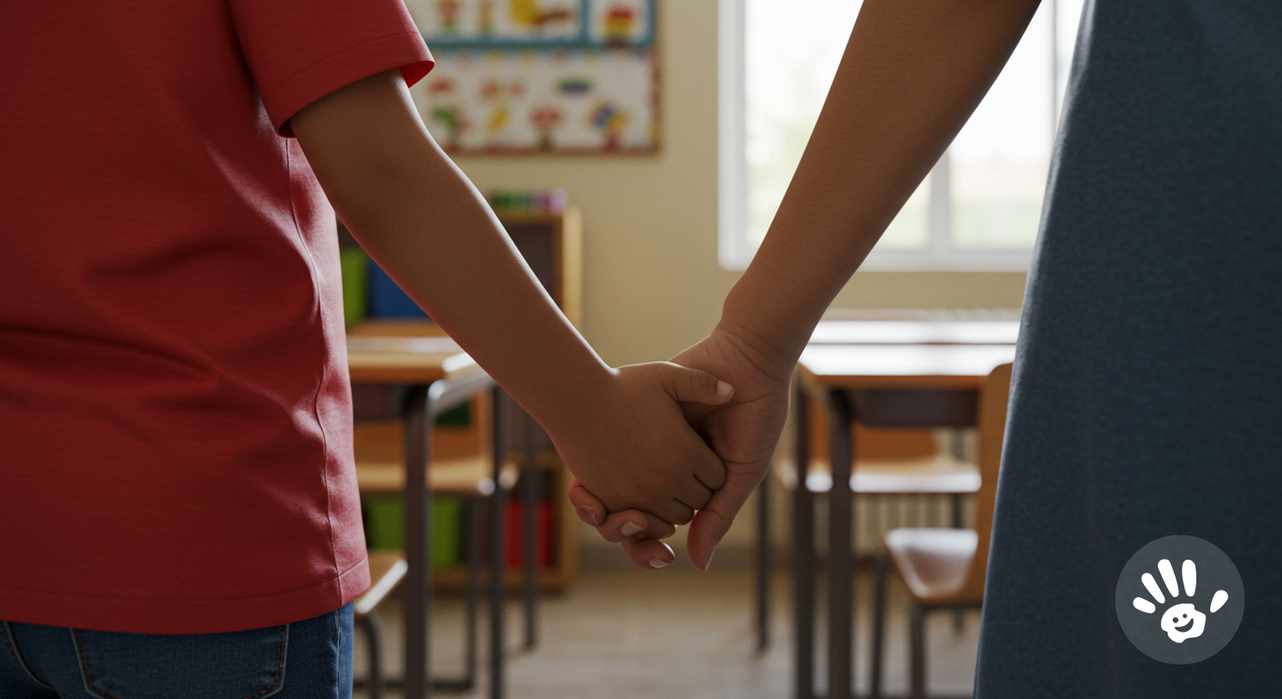 therapist and child holding hands in front of a classroom
